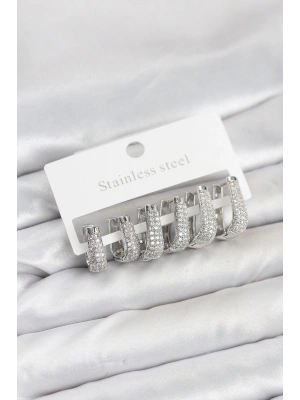 MuI MuI 316L Çelik Gümüş Renk Zirkon Taşlı Damla Halka Küpe Seti