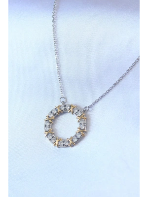 MuI MuI 316L Çelik Gümüş Renk Zirkon Taşlı Gold Detay Xoxo Kadın Kolye