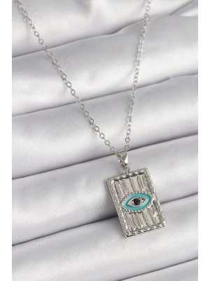 MuI MuI 316L Çelik Gümüş Renk Zirkon Taşlı Göz İşleme Detaylı Plaka Model Kadın Kolye