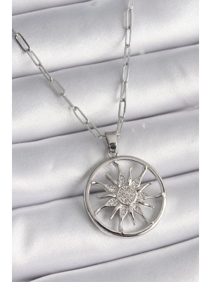 MuI MuI 316L Çelik Gümüş Renk Zirkon Taşlı Güneş Madalyon Model Kadın Kolye