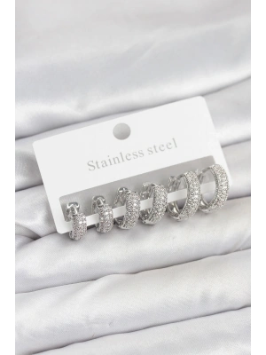 MuI MuI 316L Çelik Gümüş Renk Zirkon Taşlı Halka Küpe Seti