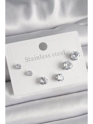 MuI MuI 316L Çelik Gümüş Renk Zirkon Taşlı Kalp Model Kadın Küpe Seti