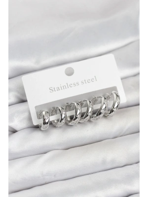 MuI MuI 316L Çelik Gümüş Renk Zirkon Taşlı Kutup Yıldızı Model Halka Küpe Seti