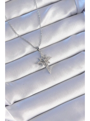 MuI MuI 316L Çelik Gümüş Renk Zirkon Taşlı Kutup Yıldızı Model Kolye