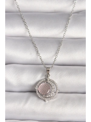 MuI MuI 316L Çelik Gümüş Renk Zirkon Taşlı Pembe Sedefli Hilal Model Kadın Kolye