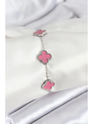 MuI MuI 316L Çelik Gümüş Zincir Pembe Renk Yonca Bileklik