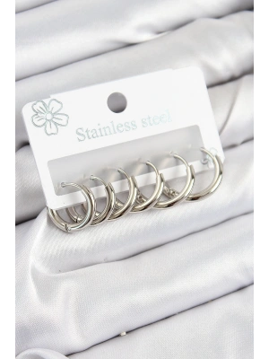 MuI MuI 316L Çelik Halka Model Gümüş Renk 3lü Set Kadın Küpe
