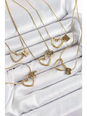 MuI MuI 316L Çelik Kalp Detaylı Gold Renk Harf Kolye 24lü Paket Kolye