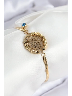 MuI MuI 316L Çelik Nazar Boncuk Detaylı Hayat Ağacı Model İtalyan Zincir Gold Renk Kadın Bileklik