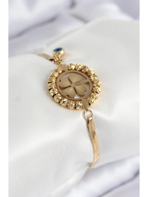 MuI MuI 316L Çelik Nazar Boncuk Detaylı Yonca Model İtalyan Zincir Gold Renk Kadın Bileklik