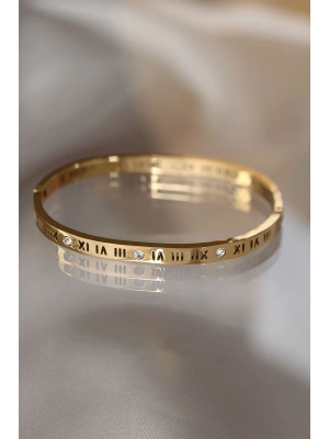 MuI MuI 316L Çelik Roma Rakamlı Gold Renk Bilezik Kelepçe