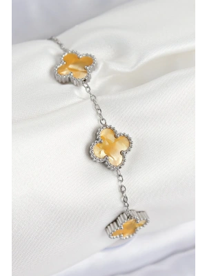 MuI MuI 316L Çelik Sedefli Kehribar Sarı Gümüş Renk Yonca Kadın Bileklik