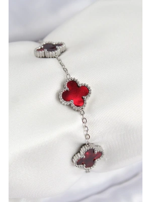 MuI MuI 316L Çelik Sedefli Kırmızı Gümüş Renk Yonca Kadın Bileklik