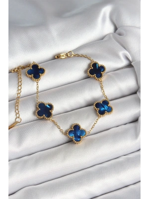 MuI MuI 316L Çelik Sedefli Lacivert Gold Renk Yonca Kadın Bileklik