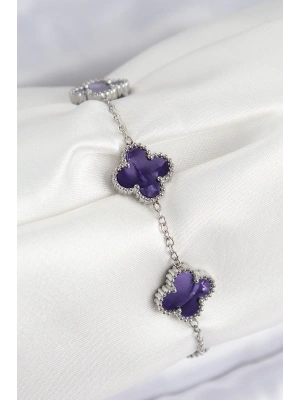 MuI MuI 316L Çelik Sedefli Mor Gümüş Renk Yonca Kadın Bileklik