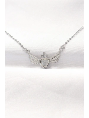 MuI MuI 316L Çelik Silver Renk Zirkon Taşlı Kalpli Kanat Kolye