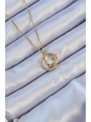 MuI MuI 316L Çelik Zincir Altın Renk Zirkon Taşlı Ay Yıldız Simgeli Atatürk Kolye