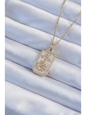 MuI MuI 316L Çelik Zincir Altın Renk Zirkon Taşlı Çerçeveli Tarot Kolye