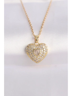 MuI MuI 316L Çelik Zincir Altın Renk Zirkon Taşlı Kalp Kolye
