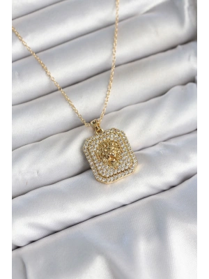 MuI MuI 316L Çelik Zincir Gold Aslan Madalyon Model Zirkon Taşlı Kadın Kolye