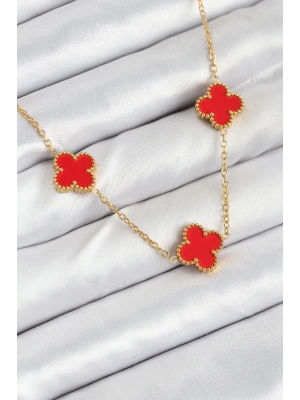 MuI MuI 316L Çelik Zincir Gold Kırmızı Renk Yonca Kadın Kolye