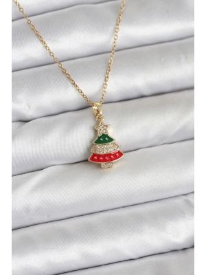 MuI MuI 316L Çelik Zincir Gold Ren Çam Ağacı Model Zirkon Taşlı Yılbaşı Temalı Kadın Kolye