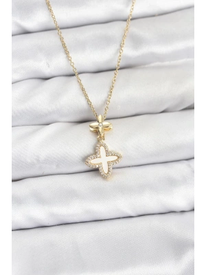 MuI MuI 316L Çelik Zincir Gold Renk 4 Yapraklı Yonca Model Zirkon Taşlı Kadın Kolye