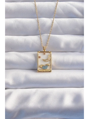 MuI MuI 316L Çelik Zincir Gold Renk Ay Detay Mavi Zirkon Taşlı Tarot Kolye