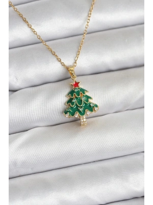 MuI MuI 316L Çelik Zincir Gold Renk Çam Ağacı Model Yılbaşı Temalı Kadın Kolye