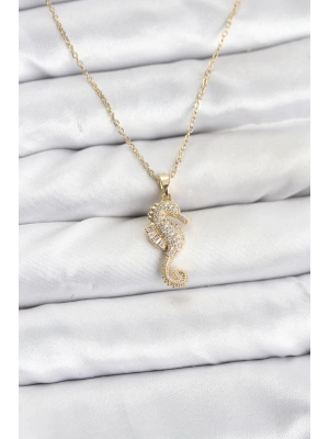 MuI MuI 316L Çelik Zincir Gold Renk Deniz Atı Model Zirkon Taşlı Kadın Kolye