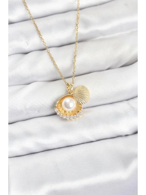 MuI MuI 316L Çelik Zincir Gold Renk İncili Deniz Kabuğu Model Zirkon Taşlı Kadın Kolye