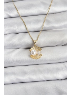 MuI MuI 316L Çelik Zincir Gold Renk İstiridye İnci Model Zirkon Taşlı Kadın Kolye