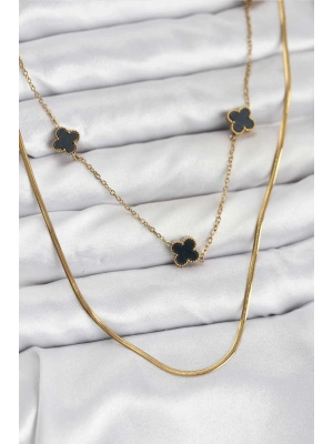 MuI MuI 316L Çelik Zincir Gold Renk İtalyan Zincirli Siyah Yonca Model Kadın Kolye
