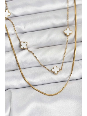 MuI MuI 316L Çelik Zincir Gold Renk İtalyan Zincirli Yonca Model Kadın Kolye