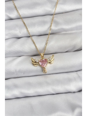 MuI MuI 316L Çelik Zincir Gold Renk Kanatlı Kalp Model Zirkon Taşlı Kadın Kolye