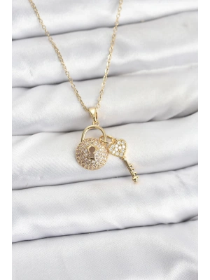 MuI MuI 316L Çelik Zincir Gold Renk Kilit Anahtar Model Zirkon Taşlı Kadın Kolye