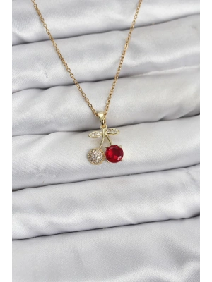 MuI MuI 316L Çelik Zincir Gold Renk Kiraz Model Zirkon Taşlı Kadın Kolye