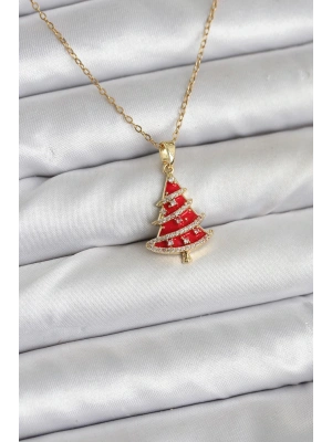 MuI MuI 316L Çelik Zincir Gold Renk Kırmızı Çam Ağacı Model Yılbaşı Temalı Kadın Kolye