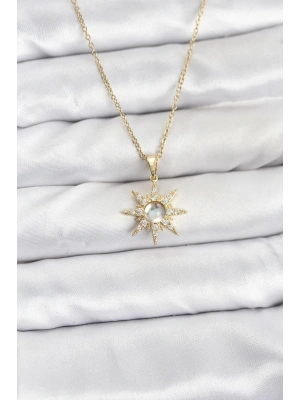 MuI MuI 316L Çelik Zincir Gold Renk Kutup Yıldızı Model Zirkon Taşlı Kadın Kolye