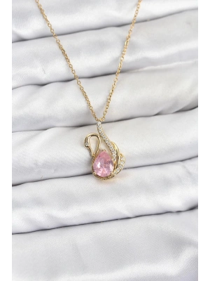 MuI MuI 316L Çelik Zincir Gold Renk Pembe Kuğu Model Zirkon Taşlı Kadın Kolye