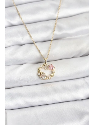 MuI MuI 316L Çelik Zincir Gold Renk Pembe Taş Detaylı Çelenk Model Kadın Kolye
