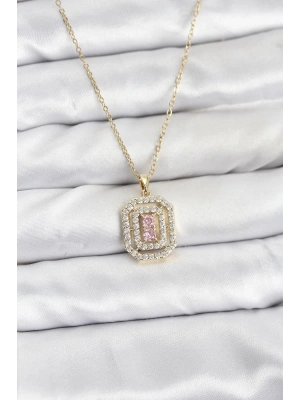 MuI MuI 316L Çelik Zincir Gold Renk Plaka Model Zirkon Taşlı Kadın Kolye