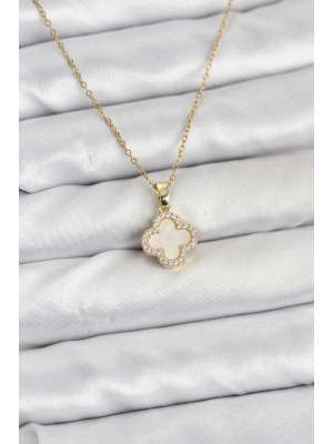 MuI MuI 316L Çelik Zincir Gold Renk Sedefli Yonca Kadın Kolye