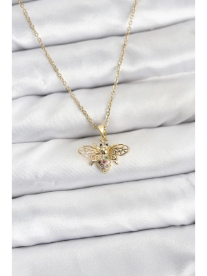 MuI MuI 316L Çelik Zincir Gold Renk Sinek Model Zirkon Taşlı Kadın Kolye