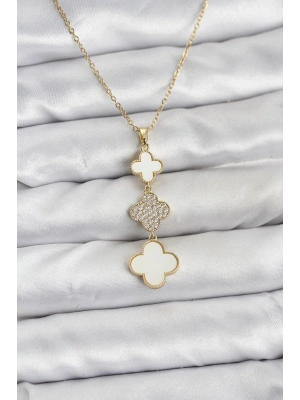 MuI MuI 316L Çelik Zincir Gold Renk Yonca Detaylı Zirkon Taşlı Kadın Kolye