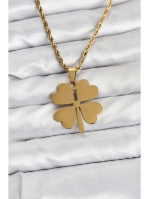 MuI MuI 316L Çelik Zincir Gold Renk Yonca Model 60 cm Kadın Kolye