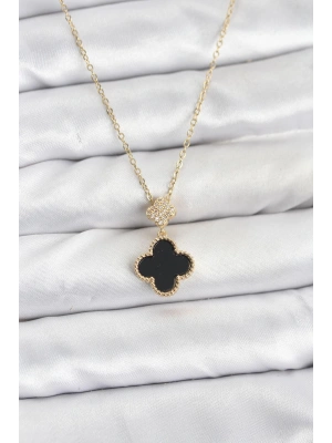 MuI MuI 316L Çelik Zincir Gold Renk Yonca Model Zirkon Taşlı Kadın Kolye