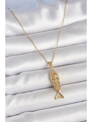 MuI MuI 316L Çelik Zincir Gold Renk Zirkon Taşlı Balık Figürlü Kolye