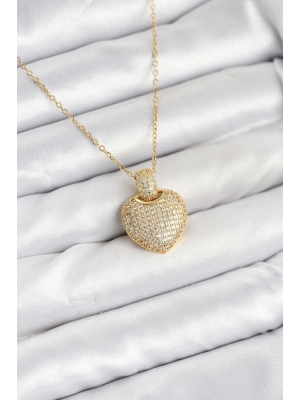 MuI MuI 316L Çelik Zincir Gold Renk Zirkon Taşlı Kalpli Kadın Kolye