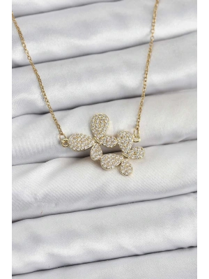 MuI MuI 316L Çelik Zincir Gold Renk Zirkon Taşlı Kelebek Model Kadın Kolye